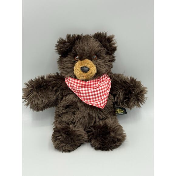 Vermont Teddy Bear Brown Fluffy Plush W/ Checkered Red White Bandanna 12” - Picture 1 of 9